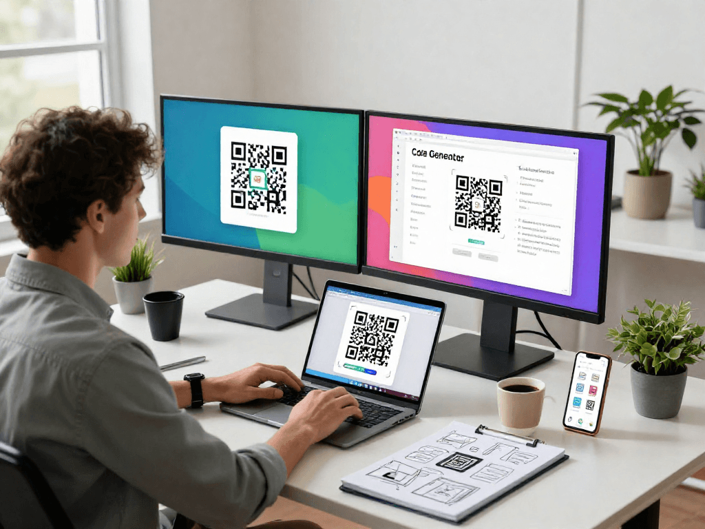 Developer using a QR code generator in a modern workspace with vibrant displays and natural light.