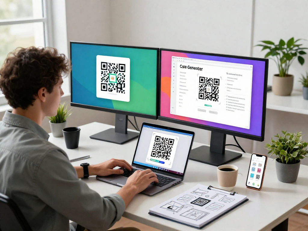 Developer using a QR code generator in a modern workspace with vibrant displays and natural light.