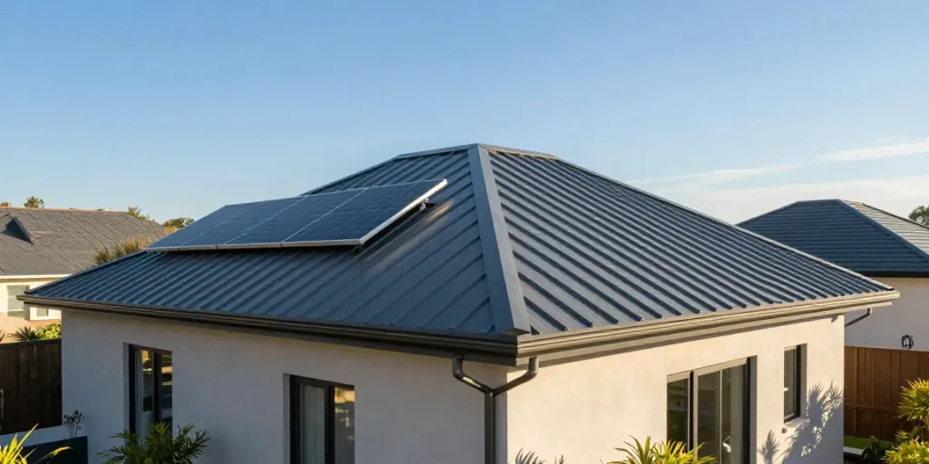 Metal Roofing Company showcasing an attractive standing seam metal roof on a modern home with solar panels.