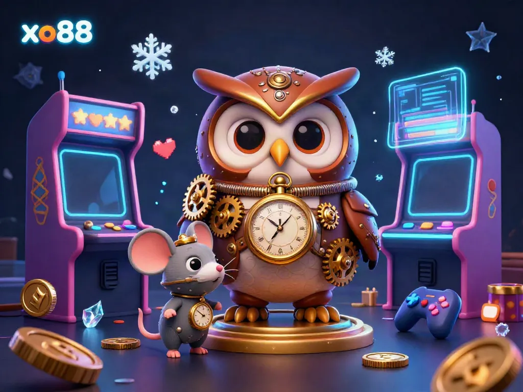 Experience the thrill of winning at xo88 with a steampunk owl, vibrant arcade machines, and casino elements.