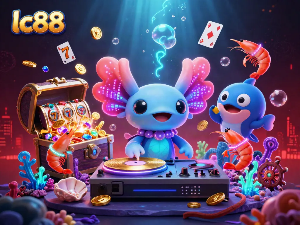 Engaging lc88 casino-themed illustration featuring vibrant axolotl DJ, slot reels, and underwater treasure