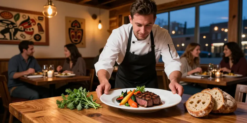 Best restaurant Alberta showcasing a chef serving grilled Alberta beef in a warm, inviting setting.