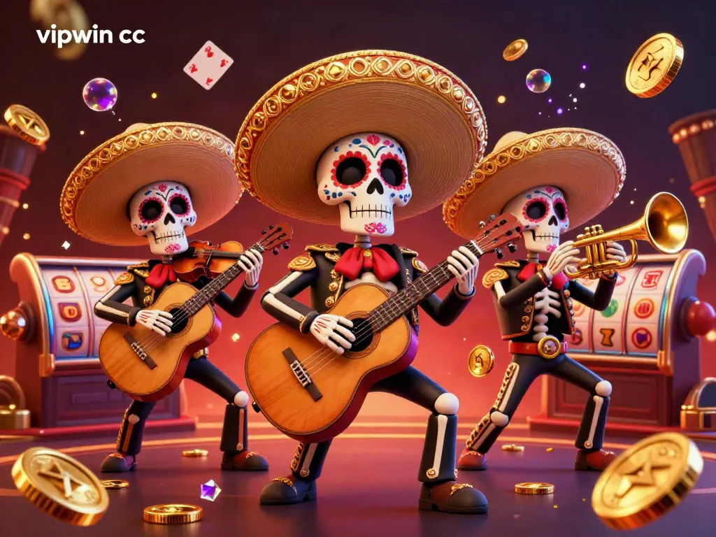 Engage with the vibrant world of vipwin cc through our unique casino illustration featuring a lively mariachi band amidst spinning slot reels and gold coins.