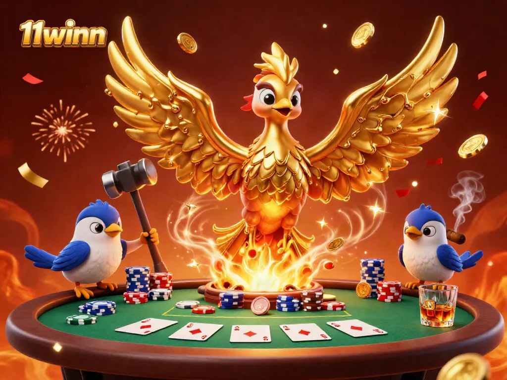 Engage with the thrilling world of 11winn as golden phoenixes bring fortune, surrounded by poker elements.