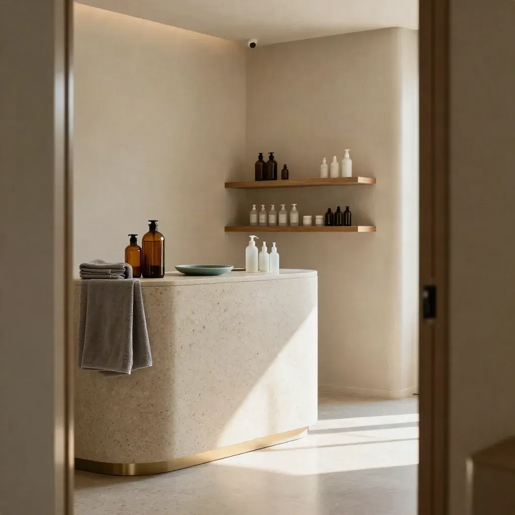 Serene skin clinic reception with stone counter, folded towels, amber glass and muted teal accents.