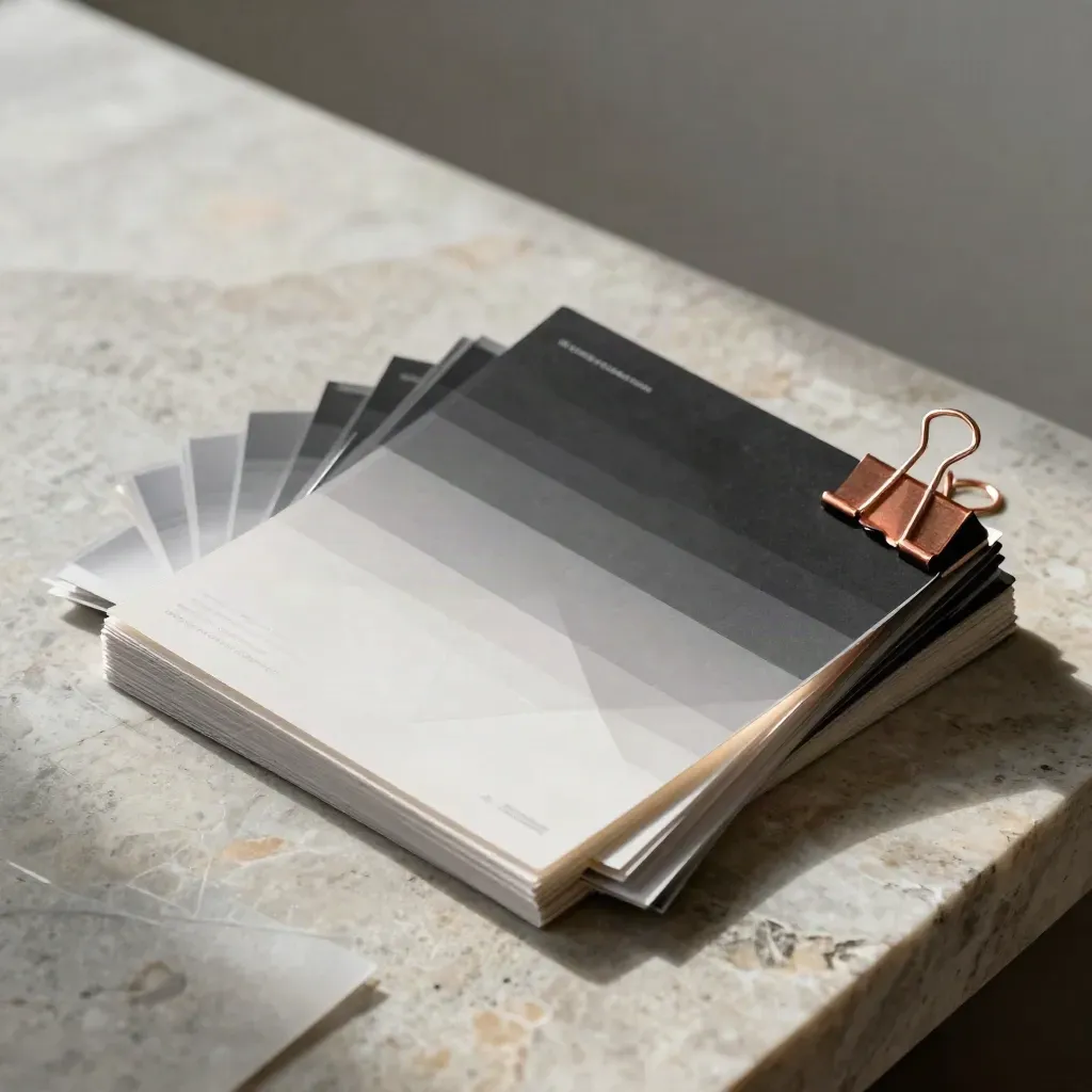 Oversized pitch deck slides fan open on limestone, held by a copper binder clip.