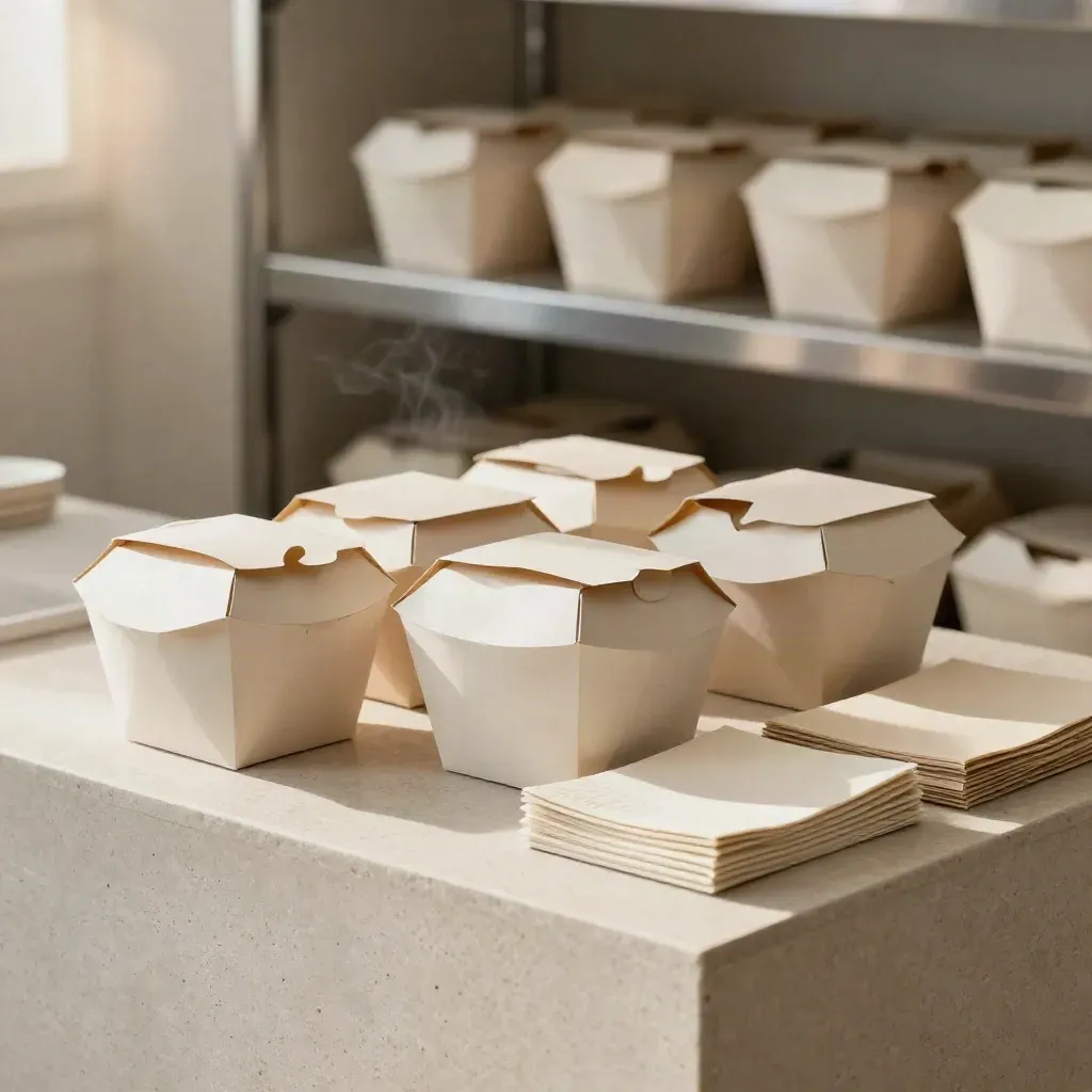 Warm launch kit on a pale counter with cartons, takeaway boxes, sleeve wraps, and folded napkins.