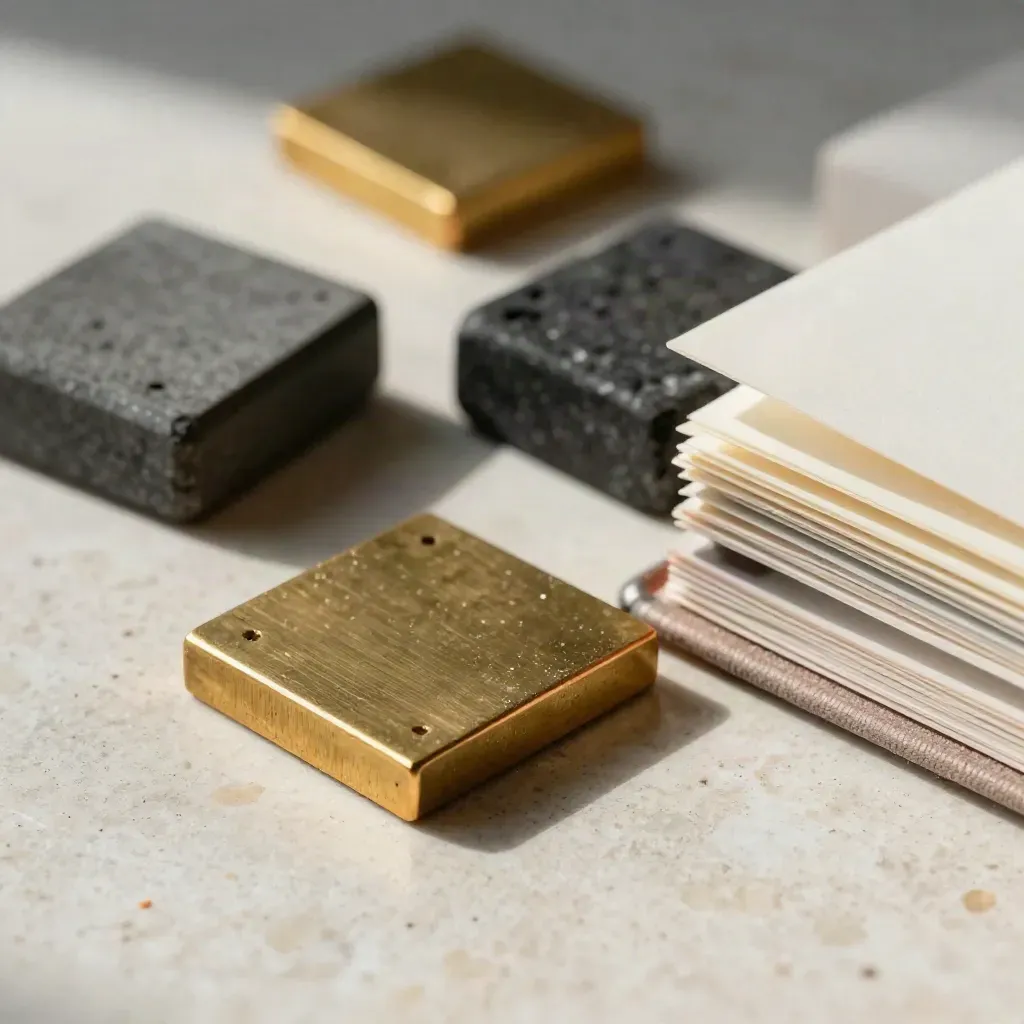 Macro of brass alignment squares beside a pigment stone and swatch book on travertine.
