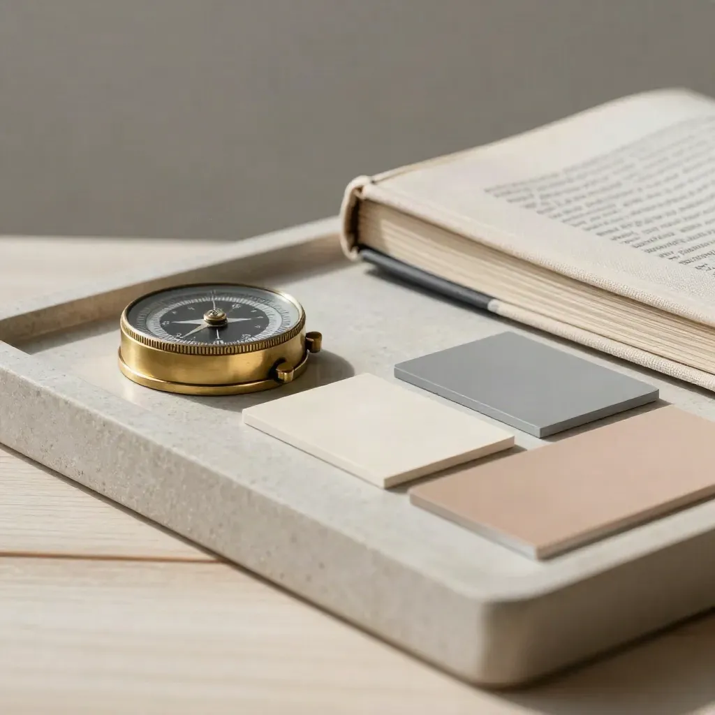 Brass direction dial, closed book, and sample chips on a stone tray in soft side light.
