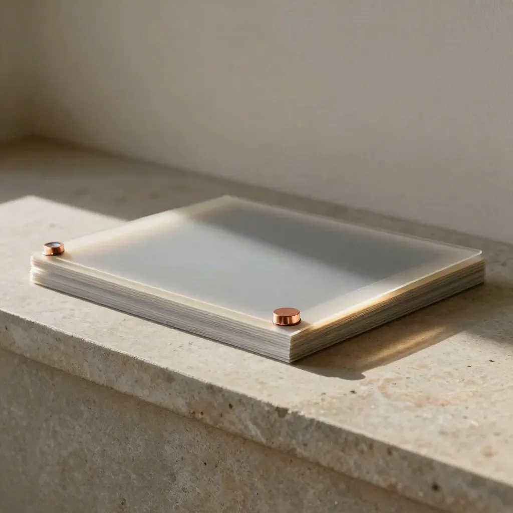 Proof boards with acetate overlays and a copper paperweight on a limestone ledge.