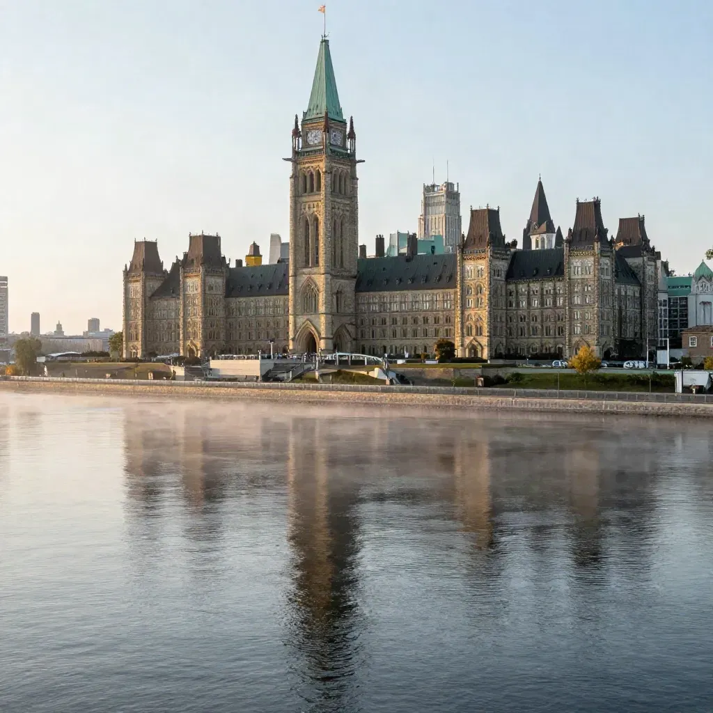 Parliament precinct above a misty Ottawa river embankment at golden hour
