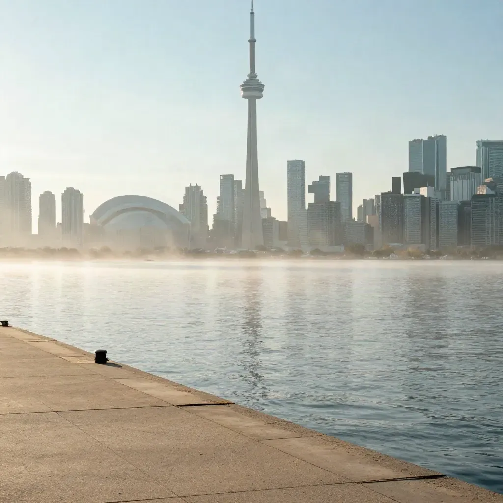 Hazy Toronto skyline over calm waterfront with shoreline and open water for copy