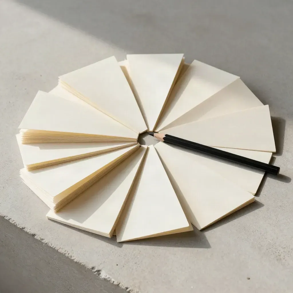 Top-down flatlay of ivory wireframe cards, folded page mockups, and a black pencil on concrete.
