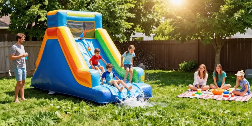 Children having fun on a colorful slide water slide in a sunny backyard.