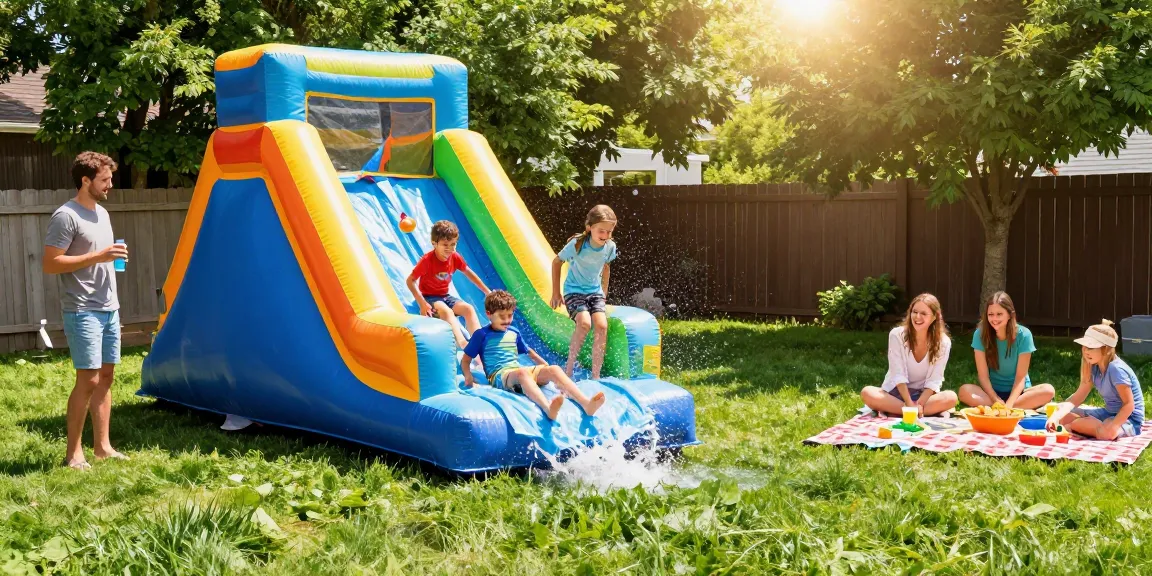 Children having fun on a colorful slide water slide in a sunny backyard.