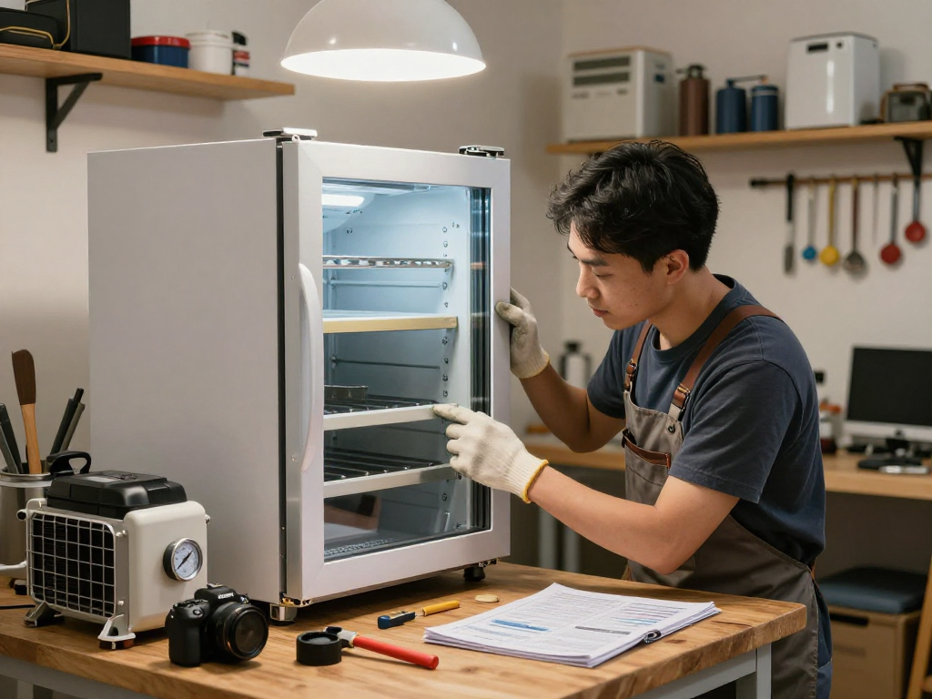 Wine cooler repair technician troubleshooting appliance in a cozy workshop.