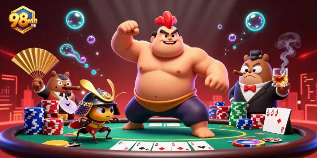 Engage in thrilling gameplay with 98win at a dynamic poker table featuring impressive poker chips.