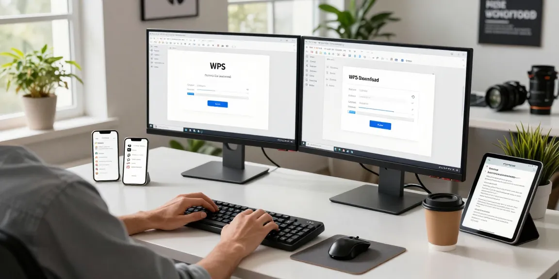 Engaging workspace with a user downloading WPS software on dual monitors in a bright, modern office setting.