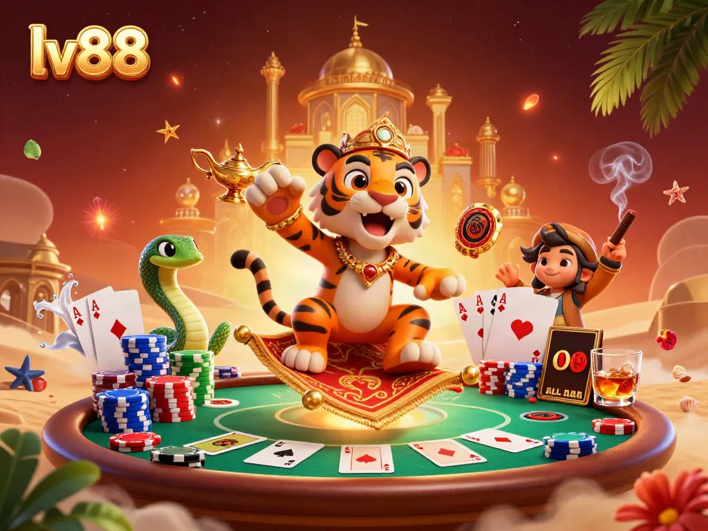 Experience the excitement of lv88 with a vibrant 3D scene of an Arabian sultan on a poker-themed flying carpet surrounded by casino elements.