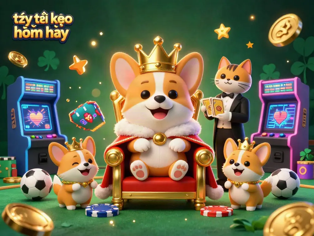 Engage with tỷ lệ kèo nhà cái hôm nay while enjoying a vibrant 3D casino scene showcasing royal corgis and sports betting elements.