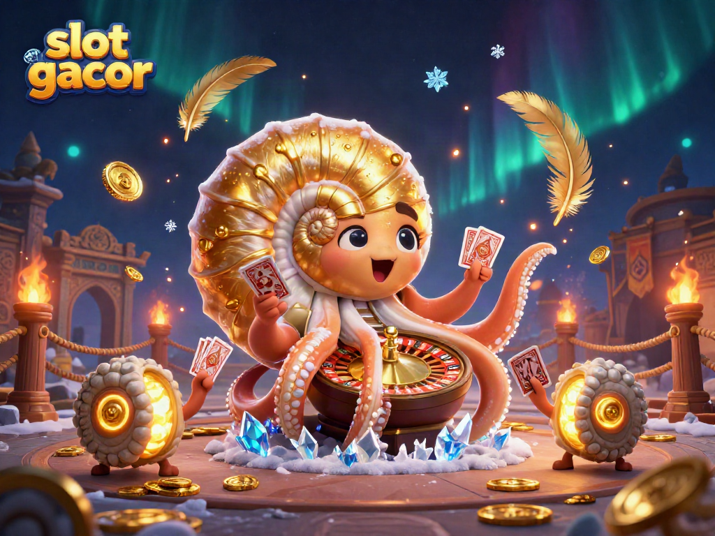 Engage with the slot gacor games illustrated by a giant nautilus holding cards in a vibrant casino scene.
