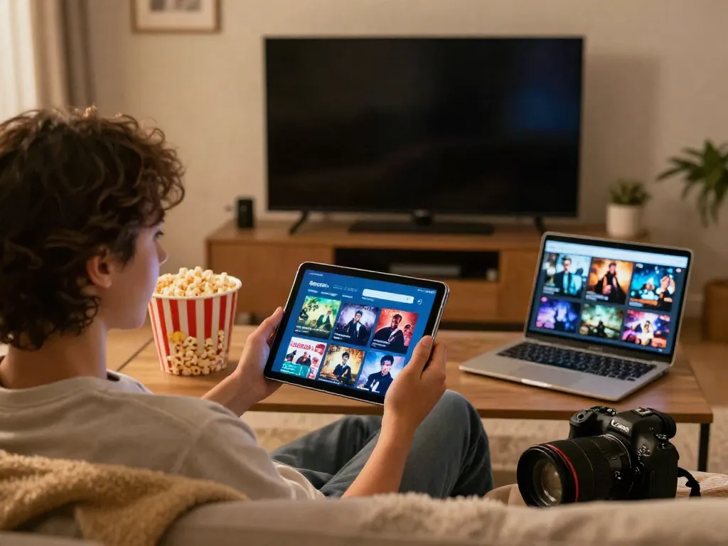 Engaging MovieBox App Download scene with user enjoying a cozy movie night setup.