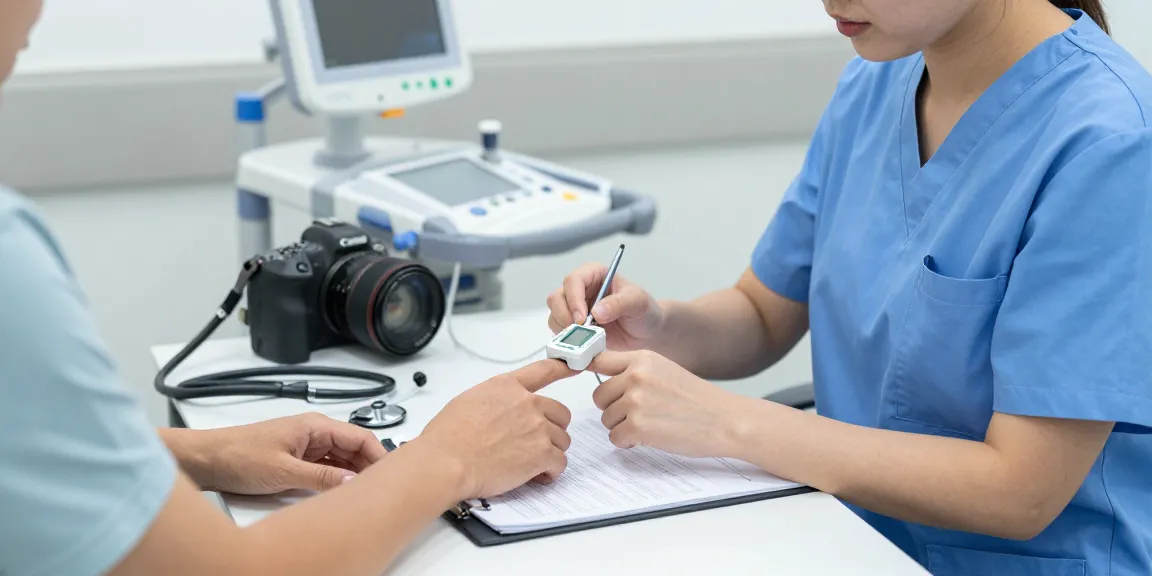 Medical oximeter used by healthcare professional on patient to monitor health.