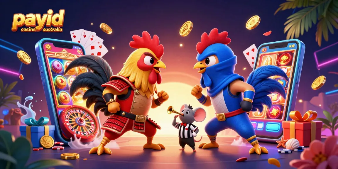 Engage in the thrill of payid casinos australia with a battle between vibrant cartoon roosters amidst a flurry of gaming action.